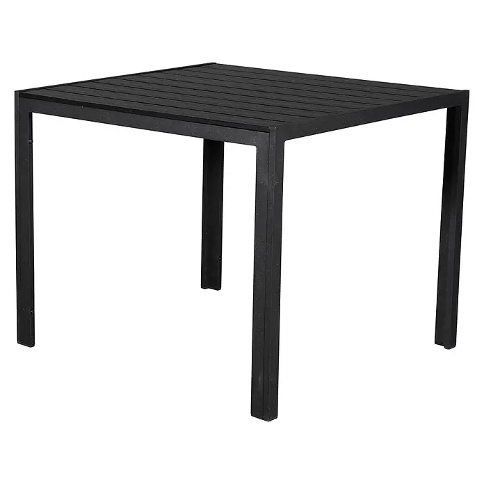 Ebuy24 Gartentisch Noma - L x B x H: 90 x 90 x 75 cm, Ø x H: 90 x 75 cm, Aluminium, Polywood, Sonstige, Schwarz - Schwarzer quadratischer Gartentisch mit Lattenplatte und texturiertem Metallrahmen.