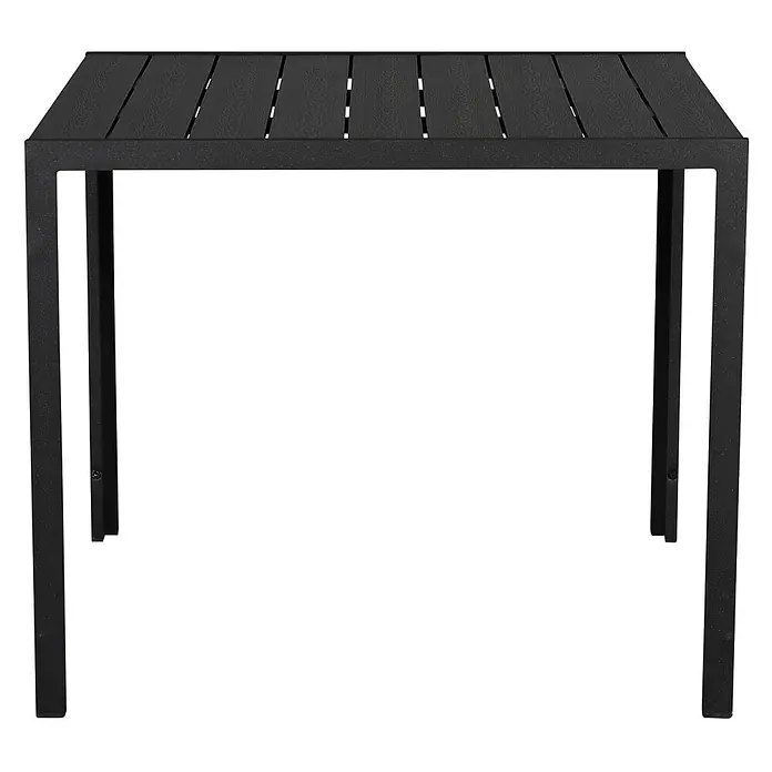 Ebuy24 Gartentisch Noma - L x B x H: 90 x 90 x 75 cm, Ø x H: 90 x 75 cm, Aluminium, Polywood, Sonstige, Schwarz - Schwarzer rechteckiger Outdoor-Tisch mit Lattenplatte und strukturierter Oberfläche.