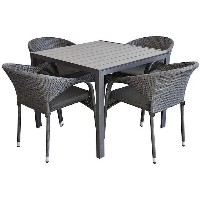 Ebuy24 Gartentisch Noma - L x B x H: 90 x 90 x 75 cm, Ø x H: 90 x 75 cm, Aluminium, Polywood, Sonstige, Schwarz - Dunkelgraues Outdoor-Essset mit quadratischem Lamellentisch und vier Korbstühlen mit Kissen.