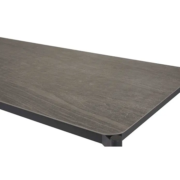 Ebuy24 Gartentisch Bo - L x B x H: 104 x 205 x 75 cm, Ø x H: 205 x 75 cm, Aluminium Komposit, Sonstige, Schwarz - Rechteckige Tischplatte in Grau mit Steinoptik, abgerundeten Ecken und dunklem Kantenband.