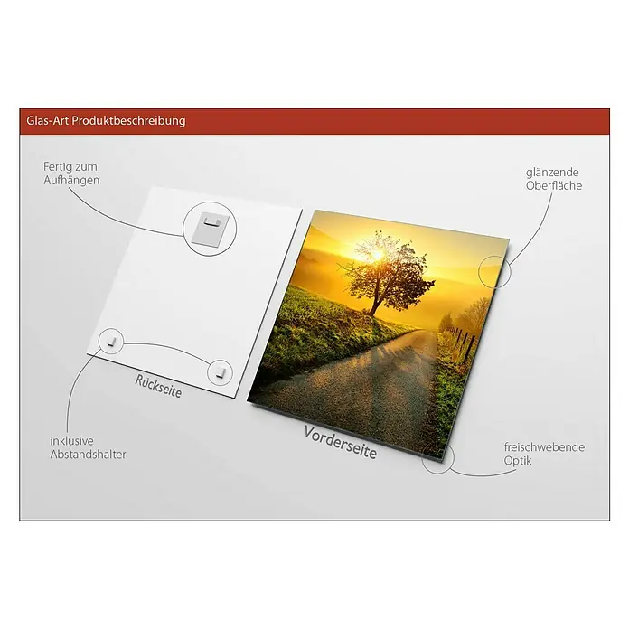 ProArt Glasbild - Way to Horizon, B x H: 30 x 30 cm - Produktbeschreibung einer Glas-Art Wanddekoration, die fertig zum Aufhängen ist und eine glänzende Oberfläche besitzt.