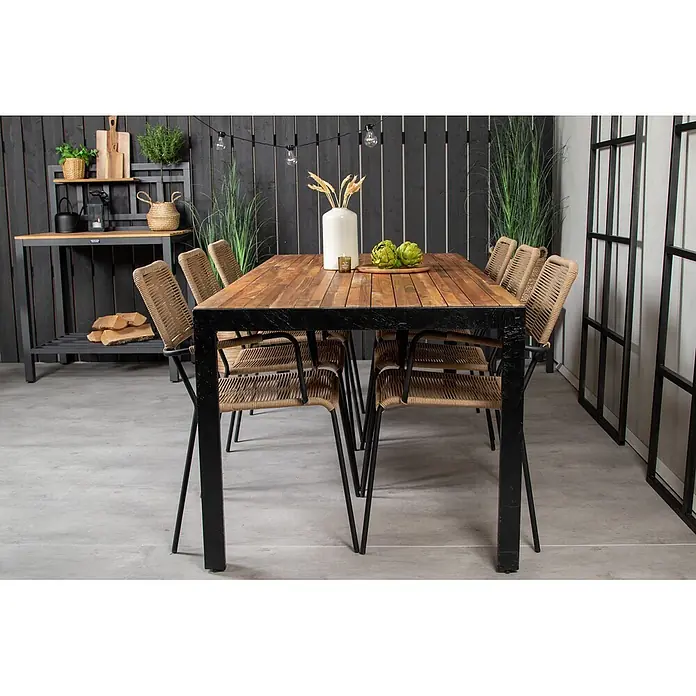 Ebuy24 Gartentisch Bois - L x B x H: 90 x 205 x 76 cm, Ø x H: 90 x 76 cm, Akazie, Aluminium, Sonstige, Schwarz - Outdoor-Essgruppe: Holztisch mit schwarzem Metallgestell und hellbraunen Geflechtstühlen.