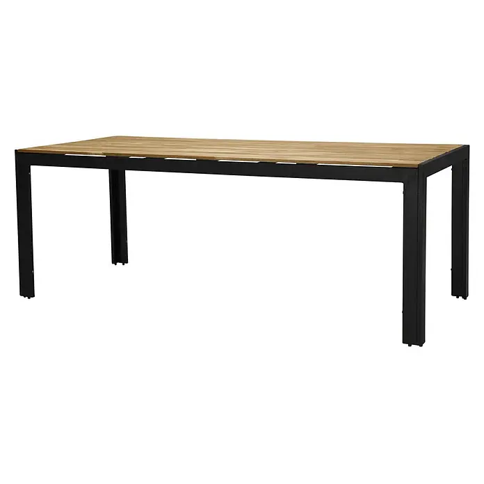 Ebuy24 Gartentisch Bois - L x B x H: 90 x 205 x 76 cm, Ø x H: 90 x 76 cm, Akazie, Aluminium, Sonstige, Schwarz - Rechteckiger Outdoor-Esstisch mit einer Lattenplatte aus Naturholz und einem schwarzen Metallgestell.