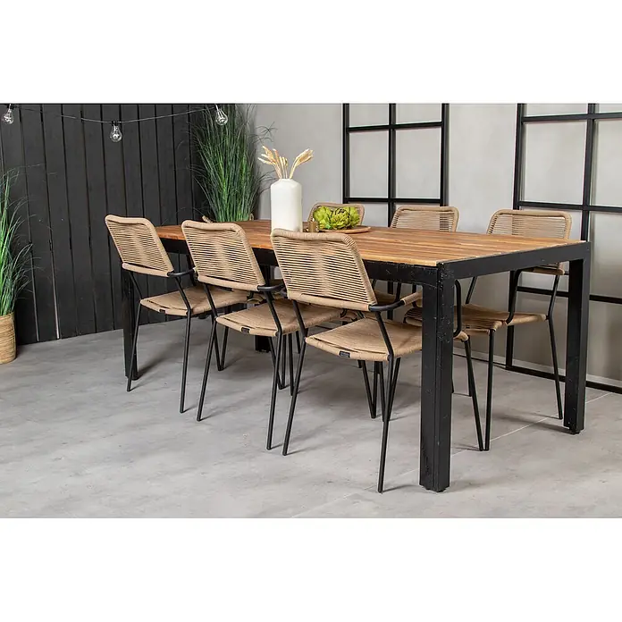 Ebuy24 Gartentisch Bois - L x B x H: 90 x 205 x 76 cm, Ø x H: 90 x 76 cm, Akazie, Aluminium, Sonstige, Schwarz - Outdoor-Essgruppe mit Holztisch und sechs Stühlen aus beigefarbenem Seilgeflecht und schwarzem Metallgestell auf einer Terrasse.