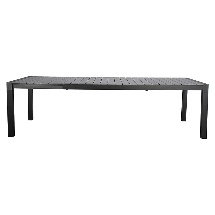 Ebuy24 Gartentisch Ferl - L x B x H: 100 x 275 x 76 cm, Ø x H: 275 x 76 cm, Aluminium, Polywood, Sonstige, Schwarz - Ausziehbarer rechteckiger Gartentisch mit grauer Lattenplatte und dunkelgrauem Metallgestell.