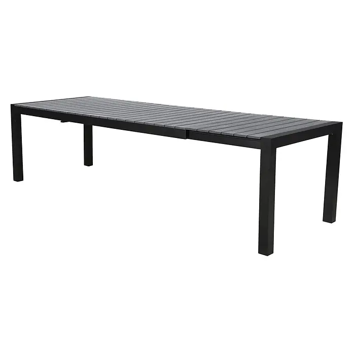 Ebuy24 Gartentisch Ferl - L x B x H: 100 x 275 x 76 cm, Ø x H: 275 x 76 cm, Aluminium, Polywood, Sonstige, Schwarz - Ausziehbarer Outdoor-Esstisch mit schwarzem Gestell und grauer Lattenplatte.