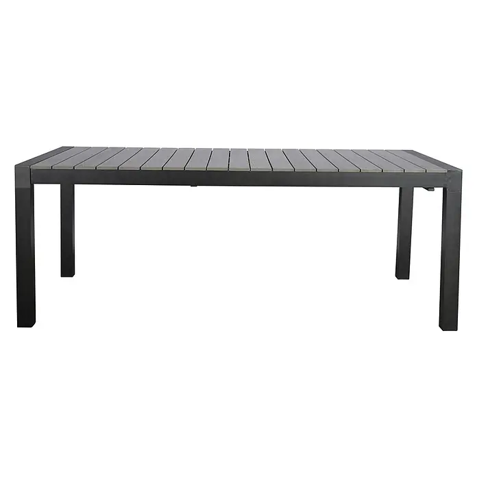 Ebuy24 Gartentisch Ferl - L x B x H: 100 x 275 x 76 cm, Ø x H: 275 x 76 cm, Aluminium, Polywood, Sonstige, Schwarz - Moderner dunkelgrauer Metall-Terrassentisch mit heller grauer Lattenplatte.
