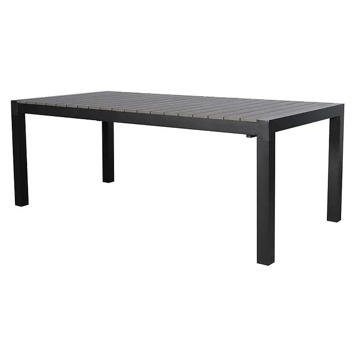 Ebuy24 Gartentisch Ferl - L x B x H: 100 x 275 x 76 cm, Ø x H: 275 x 76 cm, Aluminium, Polywood, Sonstige, Schwarz - Rechteckiger Outdoor-Esstisch mit dunkelgrauer Lattenplatte und schwarzem Metallgestell.