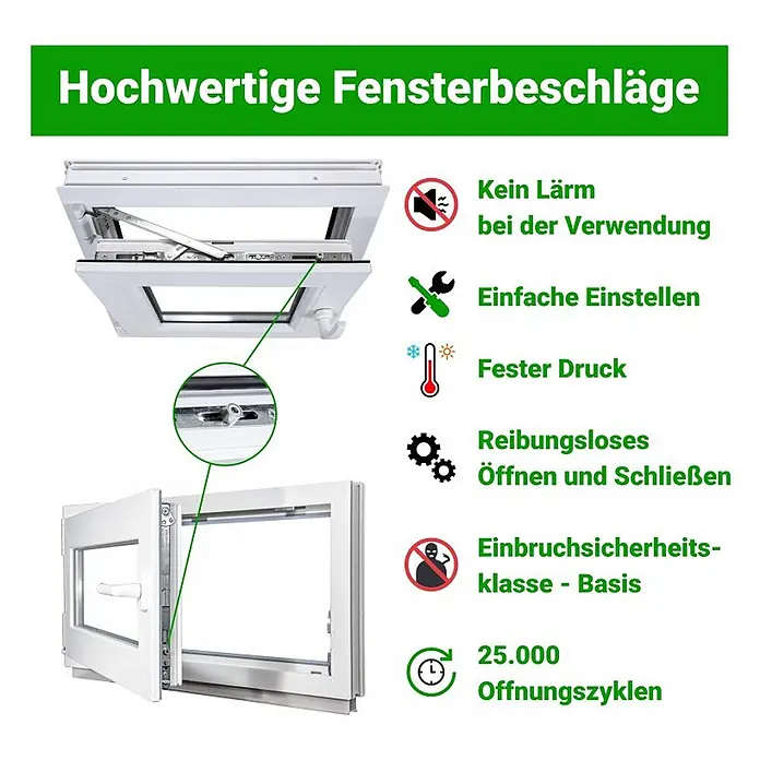 Neruli Kellerfenster weiß Dreh-Kipp 85x100 cm(BxH) DIN Rechts 2 -fach Glas Dichtung Schwarz - 85 x 100 cm, DIN Anschlag: Rechts, Weiß - Weiße Fensterrahmen mit sichtbaren Metallbeschlägen, in Kipp- und Drehstellung gezeigt, wobei die Funktionalität hervorgehoben wird.