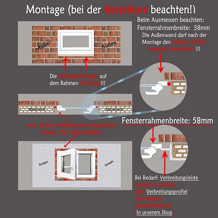 Neruli Kellerfenster weiß Dreh-Kipp 100x85 cm(BxH) DIN Rechts 3 -fach Glas Dichtung Schwarz - 100 x 85 cm, DIN Anschlag: Rechts, Weiß - Weiße PVC-Fenster-Montageanleitung mit Querschnitten, zeigt Rahmenmaße (58mm), Abstände und Lüftungsöffnungsanforderungen für eine Ziegelwand.