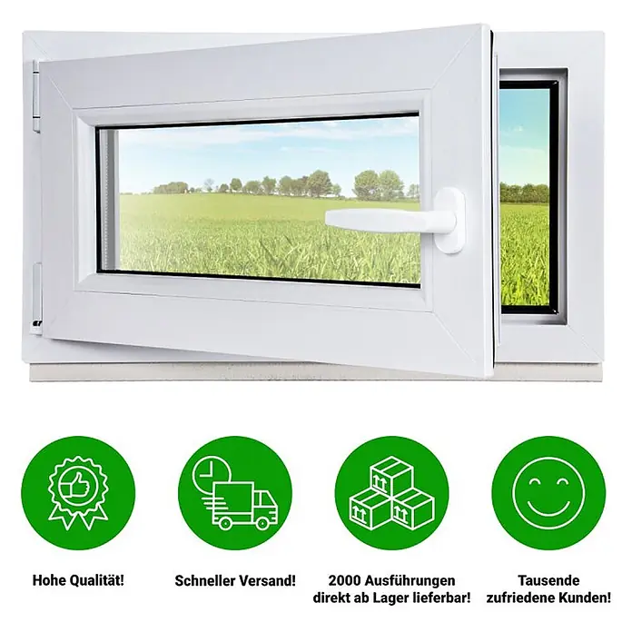 Neruli Kellerfenster weiß Dreh-Kipp 100x85 cm(BxH) DIN Rechts 3 -fach Glas Dichtung Schwarz - 100 x 85 cm, DIN Anschlag: Rechts, Weiß - Weißes Kunststofffenster, leicht geöffnet, mit Blick auf eine grüne Wiese.