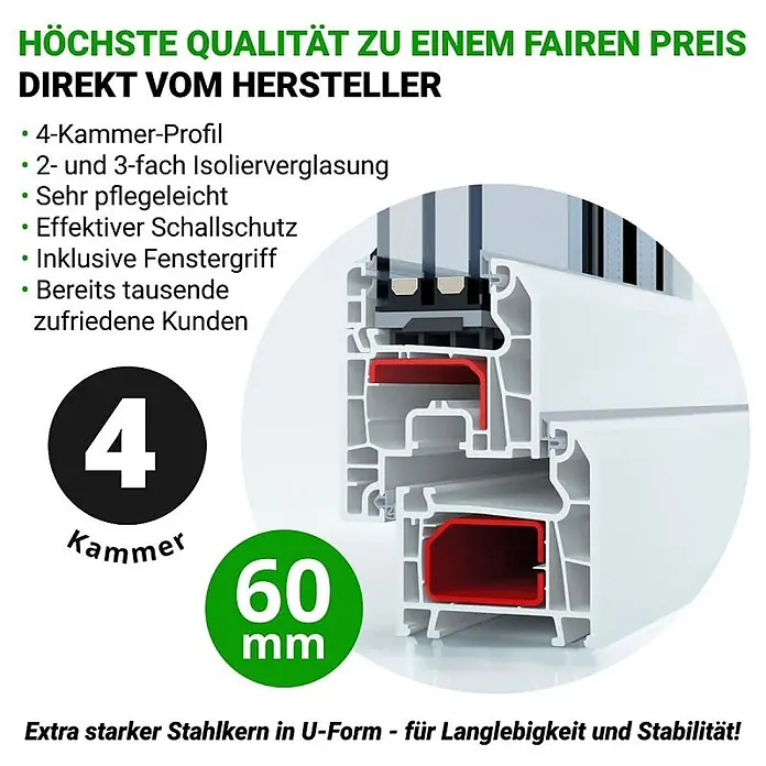 Neruli Kellerfenster weiß Dreh-Kipp 100x85 cm(BxH) DIN Rechts 3 -fach Glas Dichtung Schwarz - 100 x 85 cm, DIN Anschlag: Rechts, Weiß - Querschnitt eines weißen PVC-Fensterprofils mit 4 Kammern, U-förmigem Stahlkern und Isolierverglasung.