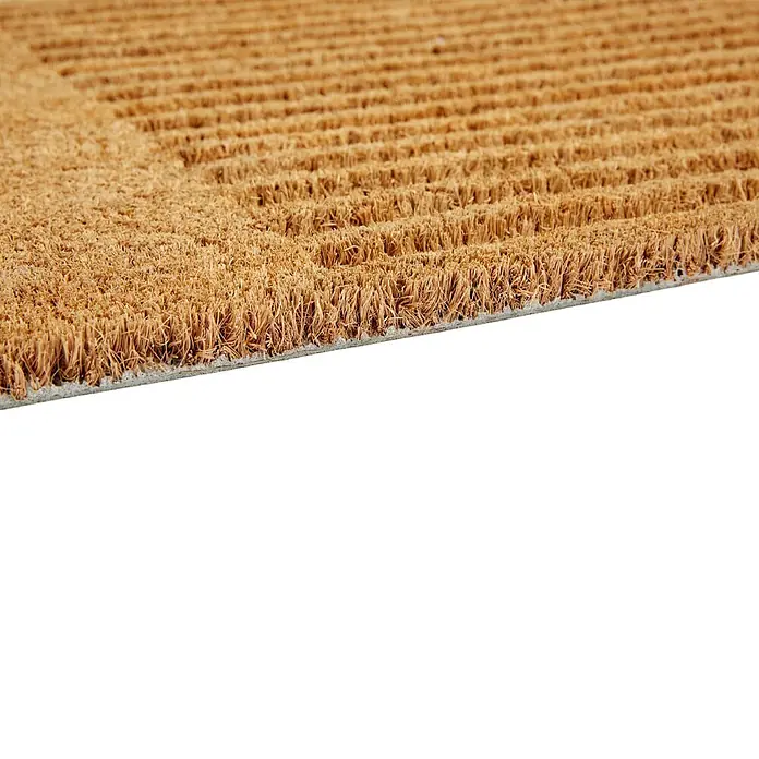 Fußmatte Coco Shape - 75 x 45 cm, Natur, Material Nutzschicht: 100 % Kokos, Streifen - Nahaufnahme einer braunen Kokosfußmatte, die ihre dichten Naturfasern und gerippte Textur zeigt.