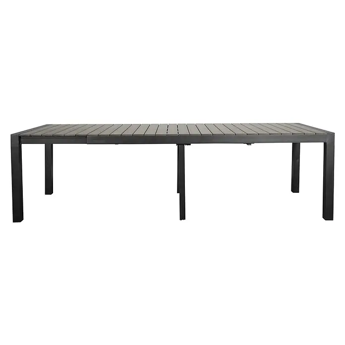 Ebuy24 Gartentisch Garp - L x B x H: 100 x 343 x 76 cm, Ø x H: 343 x 76 cm, Aluminium, Polywood, Sonstige, Schwarz - Ausziehbarer Outdoor-Esstisch mit grauer Lattenplatte und dunkelgrauem Rahmen und Beinen.