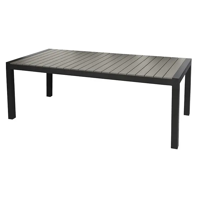 Ebuy24 Gartentisch Garp - L x B x H: 100 x 343 x 76 cm, Ø x H: 343 x 76 cm, Aluminium, Polywood, Sonstige, Schwarz - Rechteckiger Gartentisch mit schwarzem Gestell und grauer Lattenplatte.