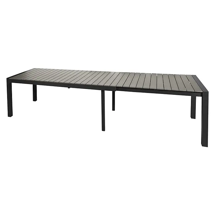 Ebuy24 Gartentisch Garp - L x B x H: 100 x 343 x 76 cm, Ø x H: 343 x 76 cm, Aluminium, Polywood, Sonstige, Schwarz - Rechteckiger Outdoor-Esstisch mit grauer Lattenplatte und schwarzem Metallrahmen und Beinen.