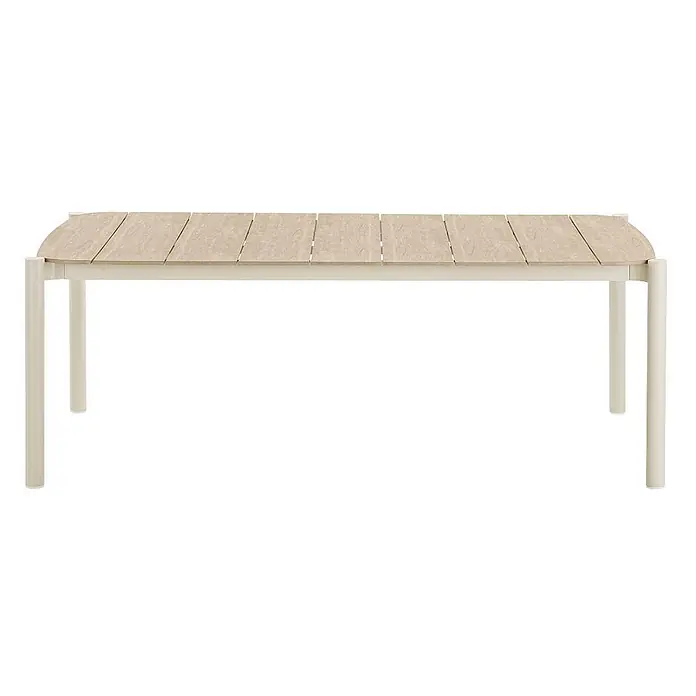 Ebuy24 Gartentisch Bella - L x B x H: 200 x 100 x 74 cm, Ø x H: 200 x 74 cm, Nonwood (PE), Aluminium, Sandfarben - Hellbeiger Gartentisch mit lattenförmiger Holzoptik-Platte und stabilem Gestell.