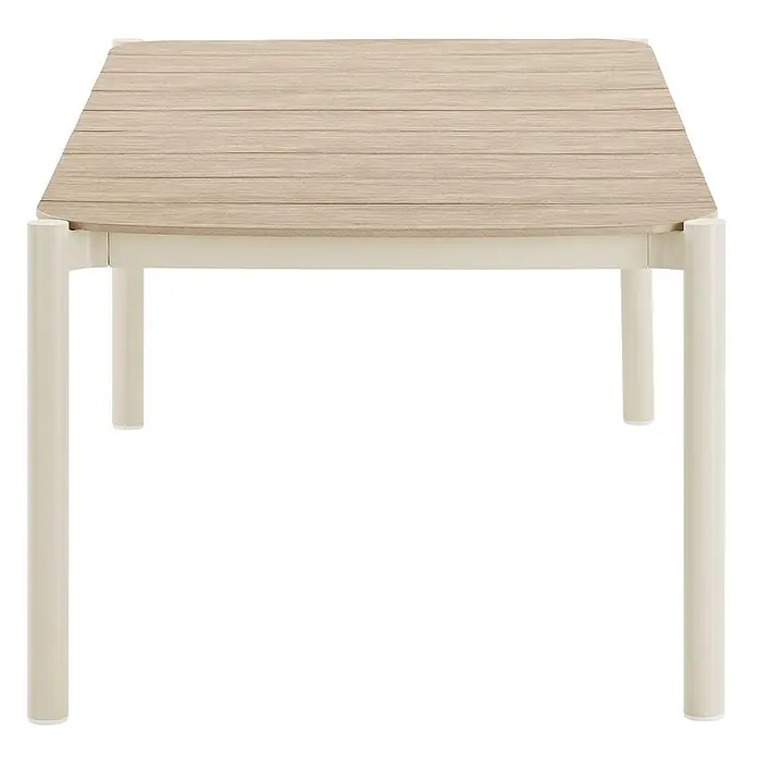 Ebuy24 Gartentisch Bella - L x B x H: 200 x 100 x 74 cm, Ø x H: 200 x 74 cm, Nonwood (PE), Aluminium, Sandfarben - Quadratischer Esstisch mit heller Holzoptik-Lattenplatte und cremefarbenen Metallbeinen.