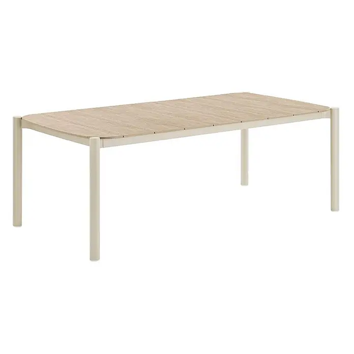 Ebuy24 Gartentisch Bella - L x B x H: 200 x 100 x 74 cm, Ø x H: 200 x 74 cm, Nonwood (PE), Aluminium, Sandfarben - Rechteckiger Esstisch mit heller Holzplatte und abgerundeten Ecken, gestützt von einem cremefarbenen Metallgestell.