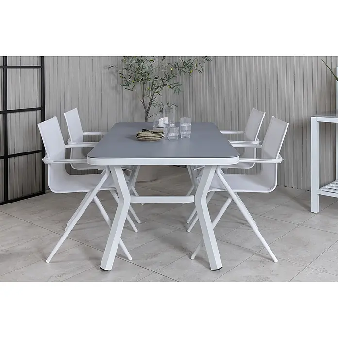 Ebuy24 Gartentisch Virya - L x B x H: 160 x 90 x 74 cm, Ø x H: 90 x 74 cm, Aluminium, Glas, Sonstige, Schwarz - Weißes Aluminium-Gartenset mit grauem Tisch und vier weißen Netzstühlen.
