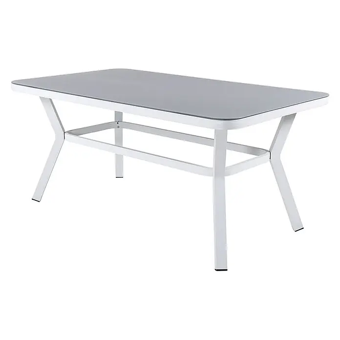 Ebuy24 Gartentisch Virya - L x B x H: 160 x 90 x 74 cm, Ø x H: 90 x 74 cm, Aluminium, Glas, Sonstige, Schwarz - Rechteckiger Gartentisch mit grauer Platte und weißem Metallgestell mit X-förmigen Beinen.