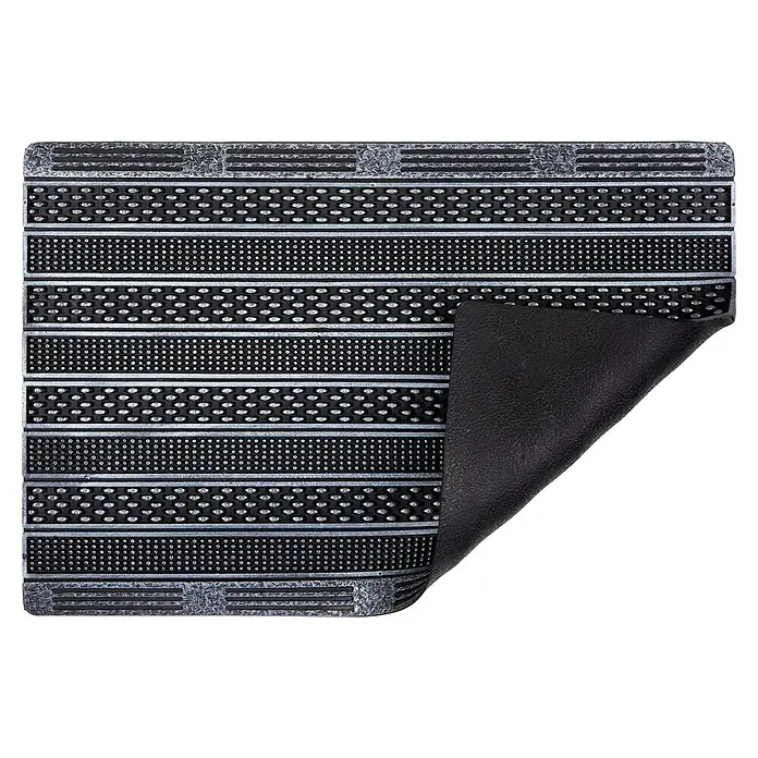 Gummimatte Rubic - 75 x 45 cm, Silber, 100 % Gummi - Schwarz-graue Gummifußmatte mit strukturiertem Streifen- und Punktmuster, teilweise aufgerollt zur Ansicht der Unterseite.