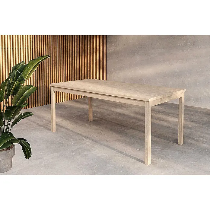 Ebuy24 Gartentisch Kenya - L x B x H: 180 x 90 x 75 cm, Ø x H: 90 x 75 cm, Teak, Whitewash - Rechteckiger Esstisch aus hellem Holz, für Innen- oder Außenbereiche geeignet.