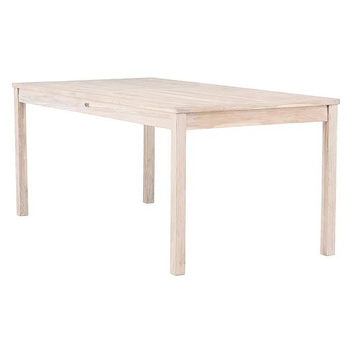 Ebuy24 Gartentisch Kenya - L x B x H: 180 x 90 x 75 cm, Ø x H: 90 x 75 cm, Teak, Whitewash - Rechteckiger Esstisch aus hellem, gebleichtem Holz.
