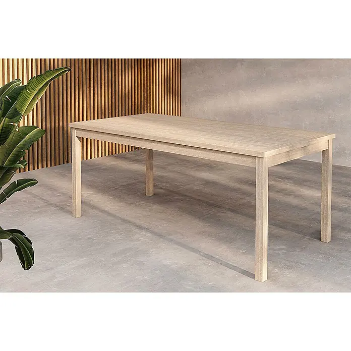 Ebuy24 Gartentisch Kenya - L x B x H: 180 x 90 x 75 cm, Ø x H: 90 x 75 cm, Teak, Whitewash - Rechteckiger Esstisch aus hellem Holz in moderner Außenumgebung.