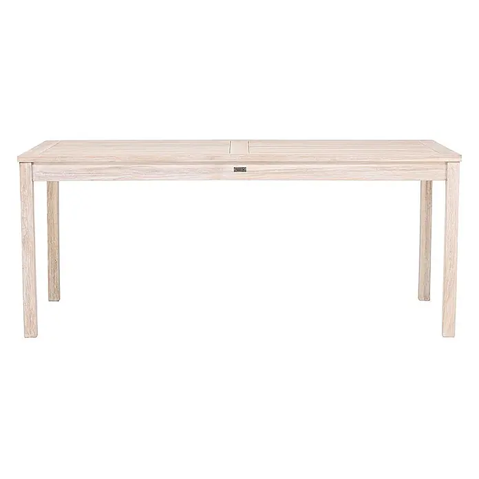 Ebuy24 Gartentisch Kenya - L x B x H: 180 x 90 x 75 cm, Ø x H: 90 x 75 cm, Teak, Whitewash - Rechteckiger Esstisch aus hellem, verwittertem Holz.