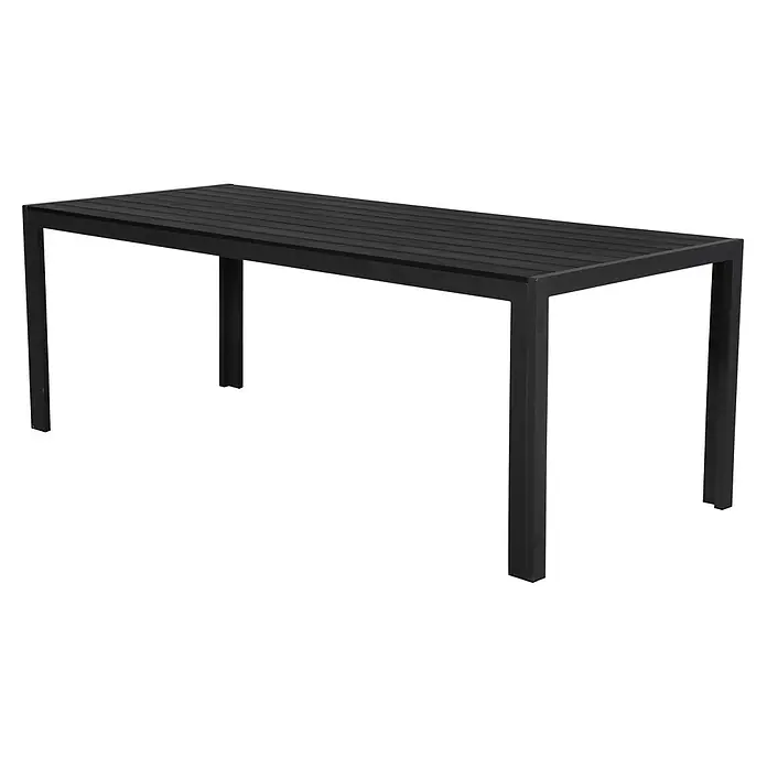 Ebuy24 Gartentisch Fuccy - L x B x H: 205 x 90 x 75 cm, Ø x H: 205 x 75 cm, Aluminium, Polywood, Sonstige, Schwarz - Schwarzer rechteckiger Outdoor-Esstisch mit Lattenplatte.