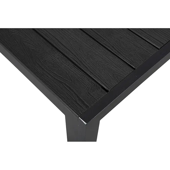 Ebuy24 Gartentisch Fuccy - L x B x H: 205 x 90 x 75 cm, Ø x H: 205 x 75 cm, Aluminium, Polywood, Sonstige, Schwarz - Schwarze Tischecke mit Holzmaserung-Lamellenplatte und Metallrahmen.