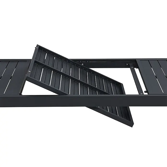 Ebuy24 Gartentisch Capo - L x B x H: 160 x 100 x 75 cm, Ø x H: 100 x 75 cm, Aluminium, Sonstige, Schwarz - Schwarzer Gartentisch mit ausziehbarer Platte, Mechanismus teilweise sichtbar.