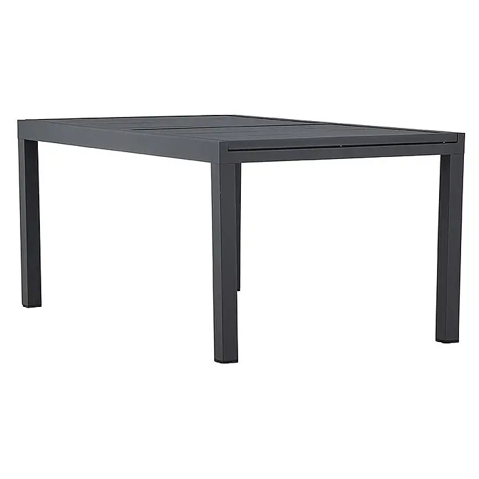 Ebuy24 Gartentisch Capo - L x B x H: 160 x 100 x 75 cm, Ø x H: 100 x 75 cm, Aluminium, Sonstige, Schwarz - Dunkelgrauer rechteckiger Metall-Gartentisch mit Lattenplatte.