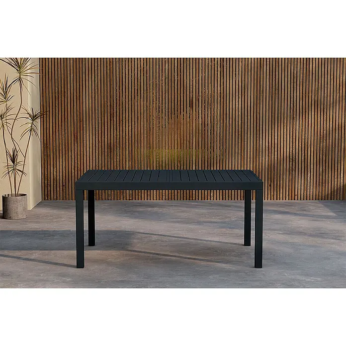 Ebuy24 Gartentisch Capo - L x B x H: 160 x 100 x 75 cm, Ø x H: 100 x 75 cm, Aluminium, Sonstige, Schwarz - Dunkelgrauer Gartentisch mit Lattenrost auf einer Terrasse. Der rechteckige Tisch hat ein modernes Design und stabile Beine.