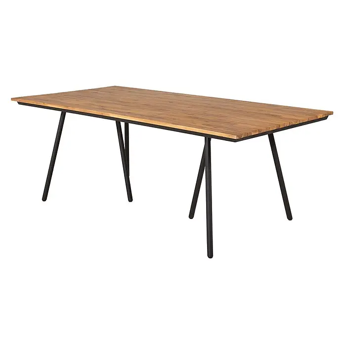 Ebuy24 Gartentisch Chan - L x B x H: 200 x 100 x 74 cm, Ø x H: 100 x 74 cm, Akazie, Stahl, Sonstige, Teak Dekor - Rechteckiger Tisch mit natürlicher Holz-Lattenplatte und schwarzen Metallbeinen.