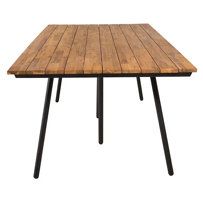 Ebuy24 Gartentisch Chan - L x B x H: 200 x 100 x 74 cm, Ø x H: 100 x 74 cm, Akazie, Stahl, Sonstige, Teak Dekor - Rechteckiger Gartentisch mit Holzlattenplatte und schwarzen Metallbeinen.