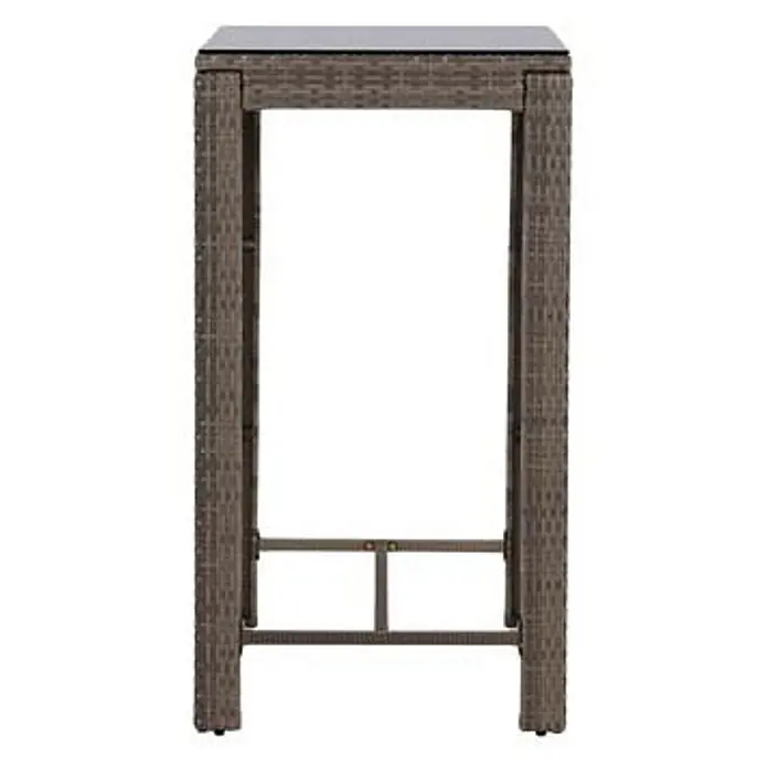 Ebuy24 Gartentisch Alo - L x B x H: 100 x 60 x 110 cm, Ø x H: 60 x 110 cm, Glas, Stahl, Korbmöbel, Sonstige, Grau - Hoher rechteckiger Bartisch aus braunem Polyrattan mit dunkler Glasplatte.