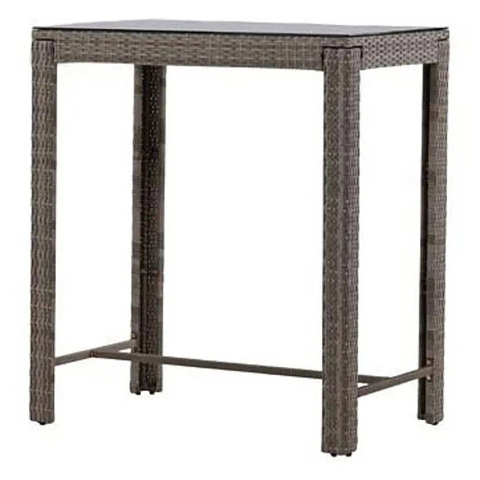 Ebuy24 Gartentisch Alo - L x B x H: 100 x 60 x 110 cm, Ø x H: 60 x 110 cm, Glas, Stahl, Korbmöbel, Sonstige, Grau - Rechteckiger Outdoor-Bartisch aus braungrauem Polyrattan-Geflecht mit dunkler Glasplatte und Fußstütze.