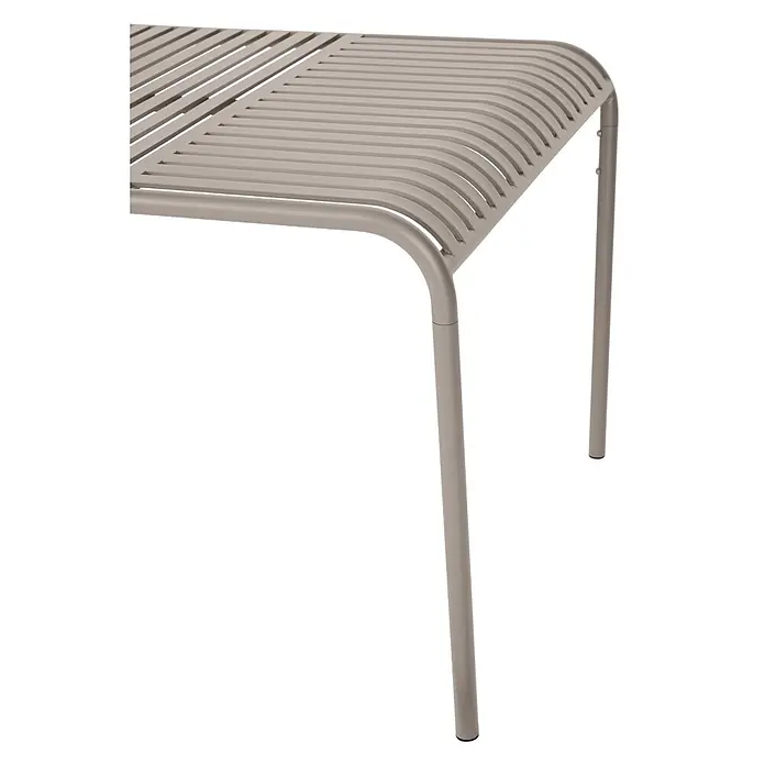 Ebuy24 Gartentisch Stella - L x B x H: 90 x 150 x 75 cm, Ø x H: 150 x 75 cm, Aluminium, Sonstige, Grau - Taupefarbene Gartenbank aus Metall mit Lamellen und geschwungenen Beinen.