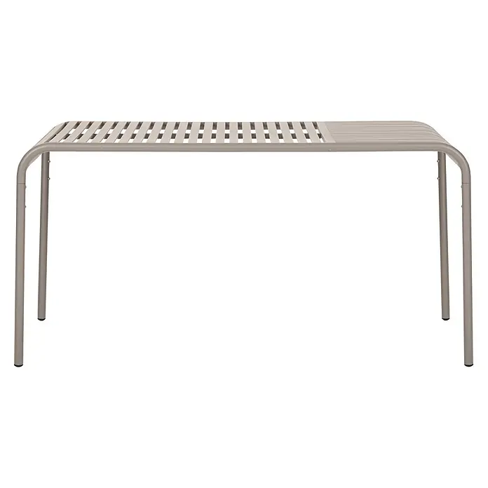 Ebuy24 Gartentisch Stella - L x B x H: 90 x 150 x 75 cm, Ø x H: 150 x 75 cm, Aluminium, Sonstige, Grau - Grauer Metall-Konsolentisch mit Lattenrostplatte und runden Beinen.
