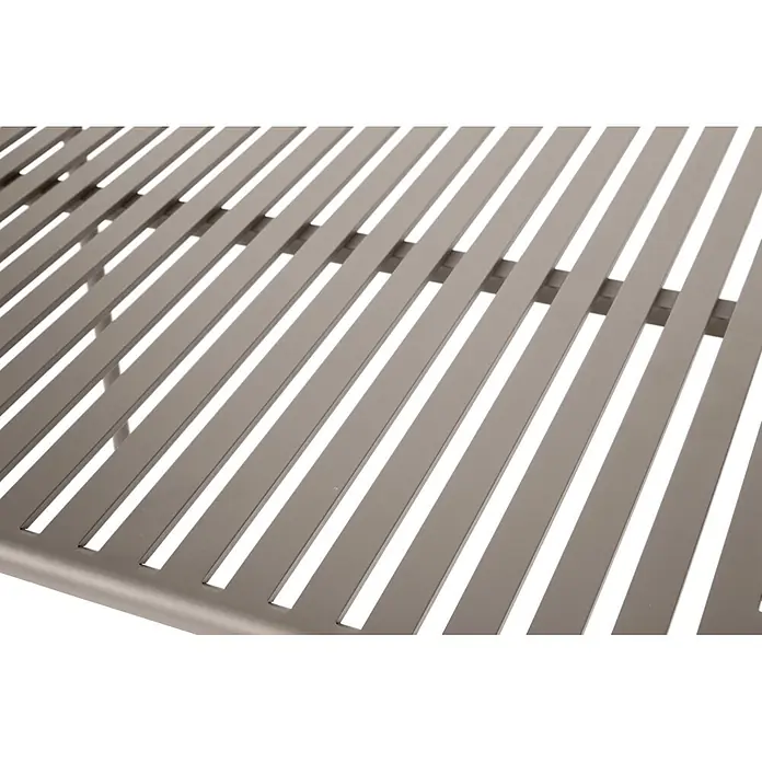 Ebuy24 Gartentisch Stella - L x B x H: 90 x 150 x 75 cm, Ø x H: 150 x 75 cm, Aluminium, Sonstige, Grau - Grau-metallene Lamellenfläche für Gartenmöbel oder ein Gitter.