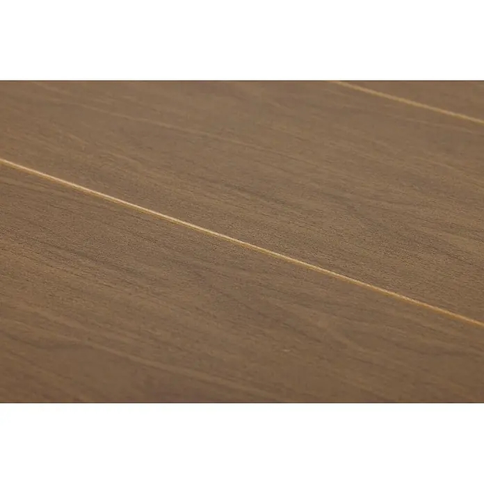 Ebuy24 Gartentisch Martinus - L x B x H: 210 x 100 x 75 cm, Ø x H: 210 x 75 cm, Aluminium, Nonwood, Sonstige, Walnuss - Nahaufnahme von warmbraunem Laminatboden mit Holzmaserung.