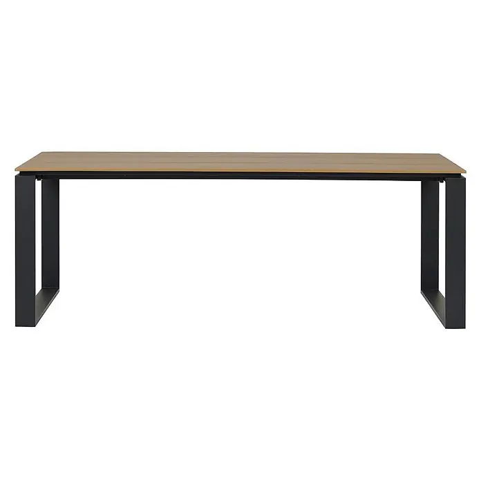 Ebuy24 Gartentisch Martinus - L x B x H: 210 x 100 x 75 cm, Ø x H: 210 x 75 cm, Aluminium, Nonwood, Sonstige, Walnuss - Rechteckiger Tisch mit hellbrauner Holzplatte und schwarzen U-förmigen Metallbeinen.