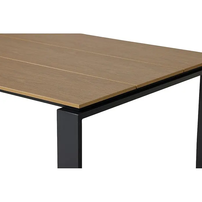 Ebuy24 Gartentisch Martinus - L x B x H: 210 x 100 x 75 cm, Ø x H: 210 x 75 cm, Aluminium, Nonwood, Sonstige, Walnuss - Nahaufnahme eines Tisches mit einer hellbraunen Holzoptik-Platte und schwarzem Metallgestell.
