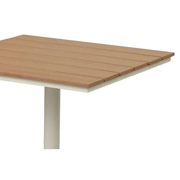 Ebuy24 Gartentisch Mads - L x B x H: 70 x 70 x 72 cm, Ø x H: 70 x 72 cm, Aluminium, Nonwood, Sonstige, Teak - Rechteckiger Tisch mit hellbrauner Lattenplatte, weißem Rahmen und zylindrischem Bein.