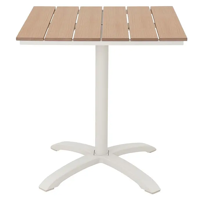 Ebuy24 Gartentisch Mads - L x B x H: 70 x 70 x 72 cm, Ø x H: 70 x 72 cm, Aluminium, Nonwood, Sonstige, Teak - Quadratischer Bistrotisch mit heller Holzlattenplatte und weißem Metallfußkreuz.