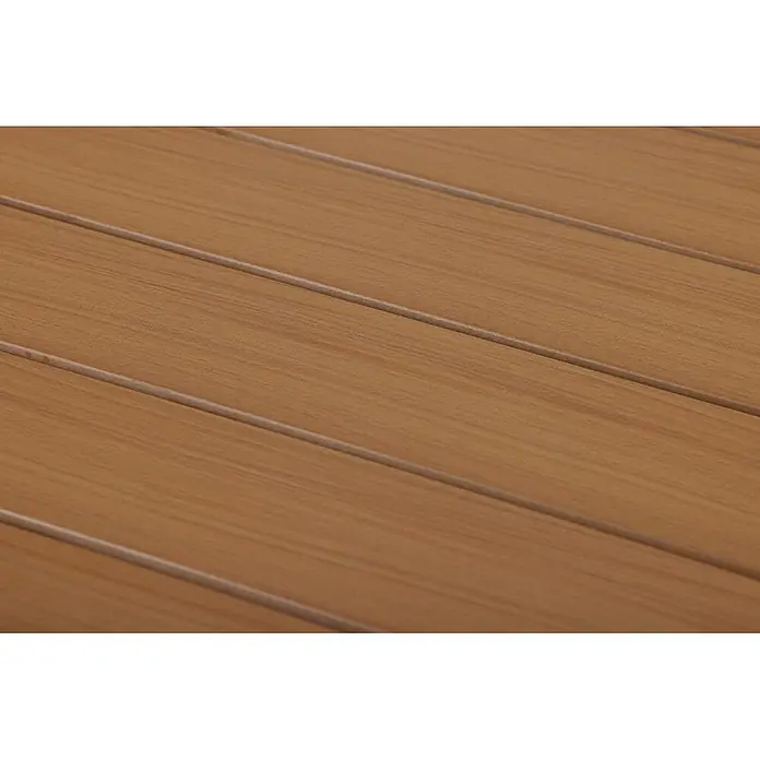 Ebuy24 Gartentisch Mads - L x B x H: 70 x 70 x 72 cm, Ø x H: 70 x 72 cm, Aluminium, Nonwood, Sonstige, Teak - Detailansicht einer hellbraunen Holzoptik-Lamellenverkleidung.