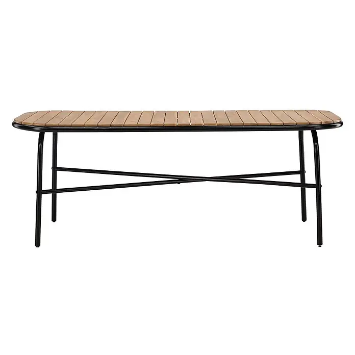 Ebuy24 Gartentisch Holmbeck - L x B x H: 200 x 90 x 75 cm, Ø x H: 90 x 75 cm, Akazie, Natur - Rechteckiger Gartentisch mit heller Holzlattenplatte und schwarzem Metallgestell mit Querstreben.