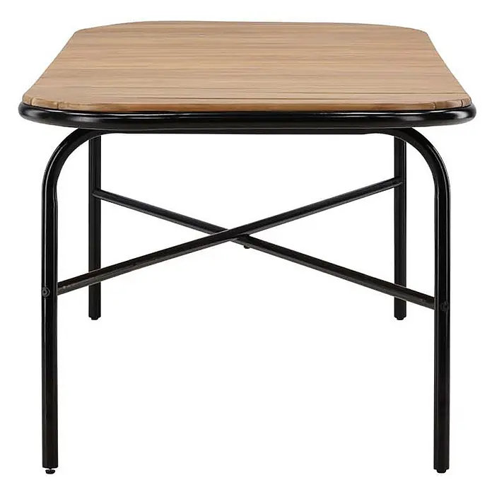 Ebuy24 Gartentisch Holmbeck - L x B x H: 200 x 90 x 75 cm, Ø x H: 90 x 75 cm, Akazie, Natur - Rechteckiger Tisch mit Holzlattenplatte und schwarzem Metallgestell mit X-Strebe.